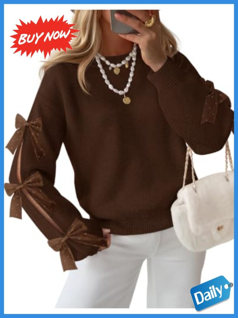 Oversized Chunky Knit Sweater with Bow Sleeves Crew Neck Pullover